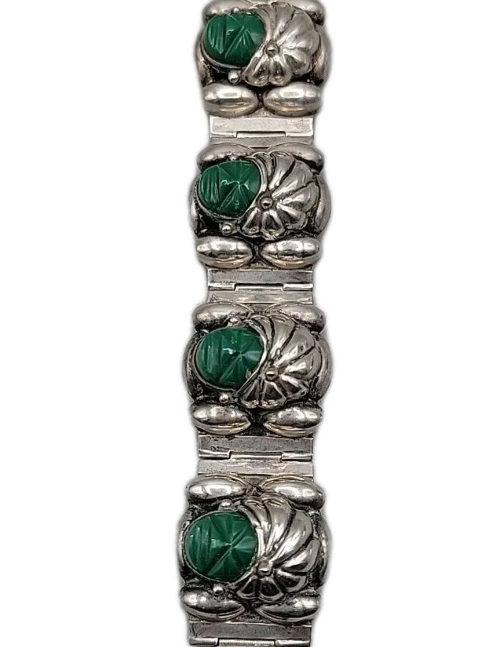VTG Rancho Alegre Taxco 925 Green Onyx 5-Face Portrait Panel Bracelet 60.67g 7" - Picture 13 of 16